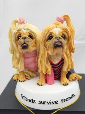 "Friends Survive Trends" Decorative Shistzu Dog Figurine Duo — Pink Accents
